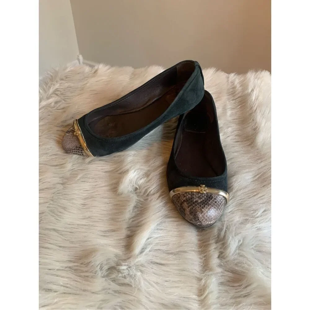 Tory Burch Pacey Driver Green Suede Snakeskin Cap Toe Ballet Flats Size 6.5 M
